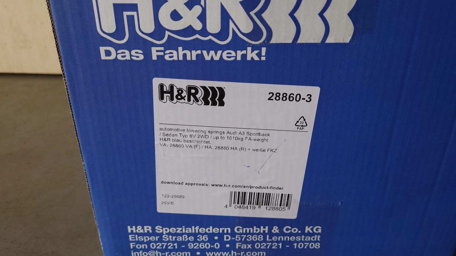 H&R 28860-3 Пружины с занижением Audi A3 Sedan 2WD (8V)